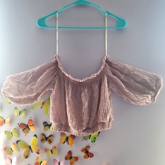 Forever 21 Pink Purple Crop Top Ruffled Crepe Off Shoulder Scoop Neck Size Small - Picture 1 of 4